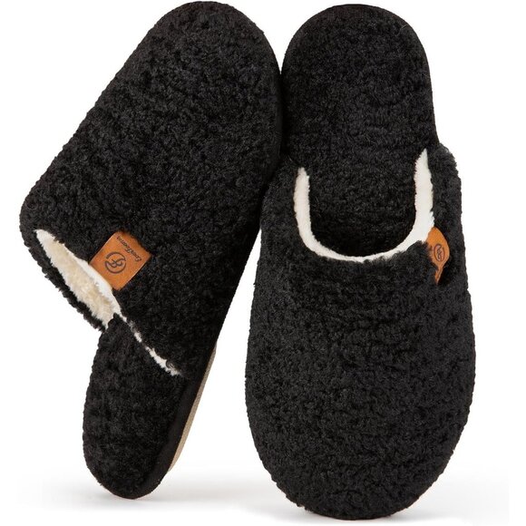 Shoes - Women's Carbon Black Fuzzy Slip-on Slippers Warm Cozy Soft Lightweight Foam